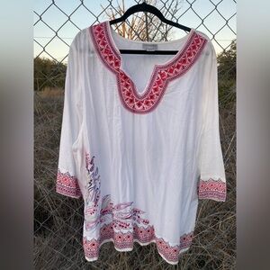 Catherines White Tunic with Pink and Red Embroidery